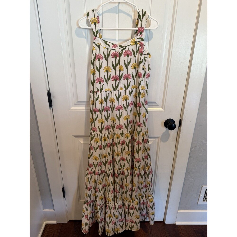 Beau & Ro Dress Small Floral Block Print Cotton Tiered Maxi Sundress Boho